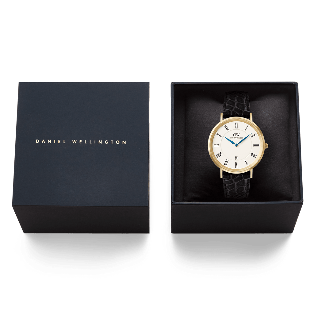 Classic Roman Numerals Date Black Croc Belly Gold